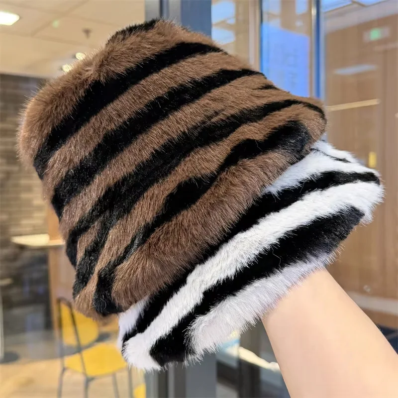 Retro Zebra Lines Plush Bucket Hat Women's Winter Keep Warmth Fisherman's Caps Men's Fashionable And Tidal Current Basin Hats