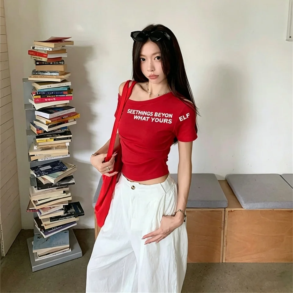 Summer New Style Hot Girl Shoulder Print Splice Short Sleeve T-Shirt Women Slim Fit Integrated with Chest Pad Nylon Fabric