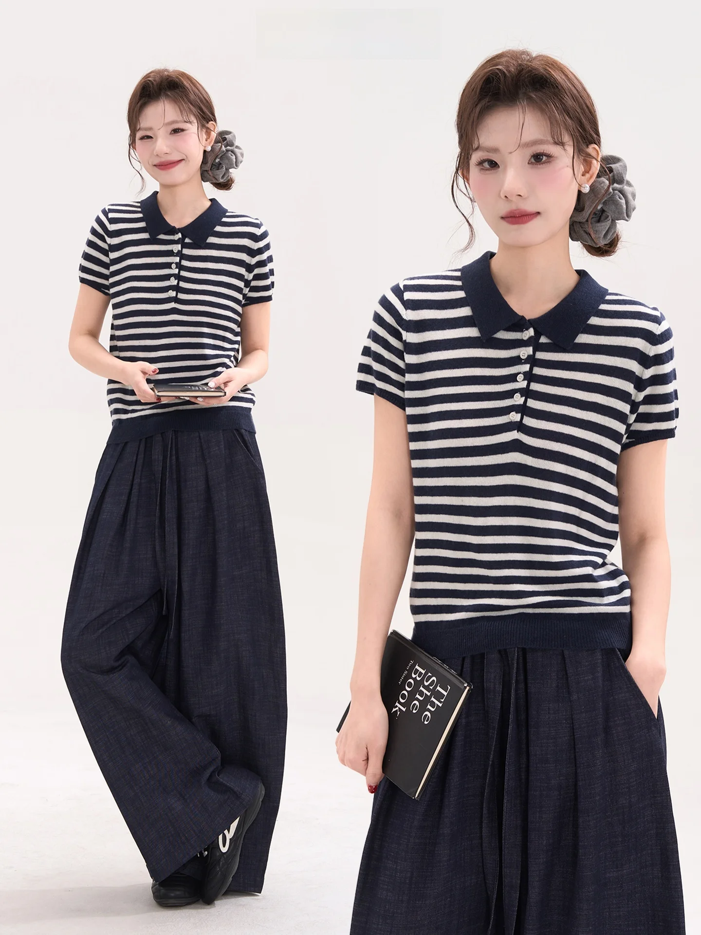 

Весенне-летний женский вязаный топ с коротким рукавом в полоску, винтажный, приталенный, из смесового хлопка, для повседневной носки