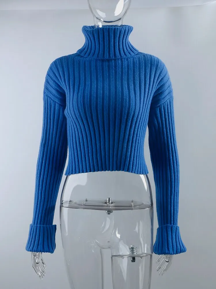 Women y2k Blue Sweater Knit Ribbed Pullover Long Sleeve Turtleneck Loose Crop Top for Casual Streetwear Warm Clothings