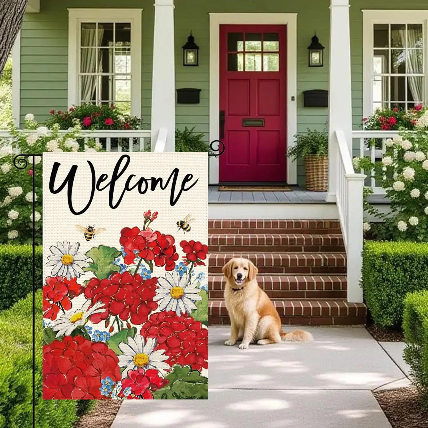 Spring Summer Red Geraniums Welcome Garden Flag 12 x 18 Inch Double Sided, Spring Daisy Floral Bees Burlap Small Yard Flag H ZZM