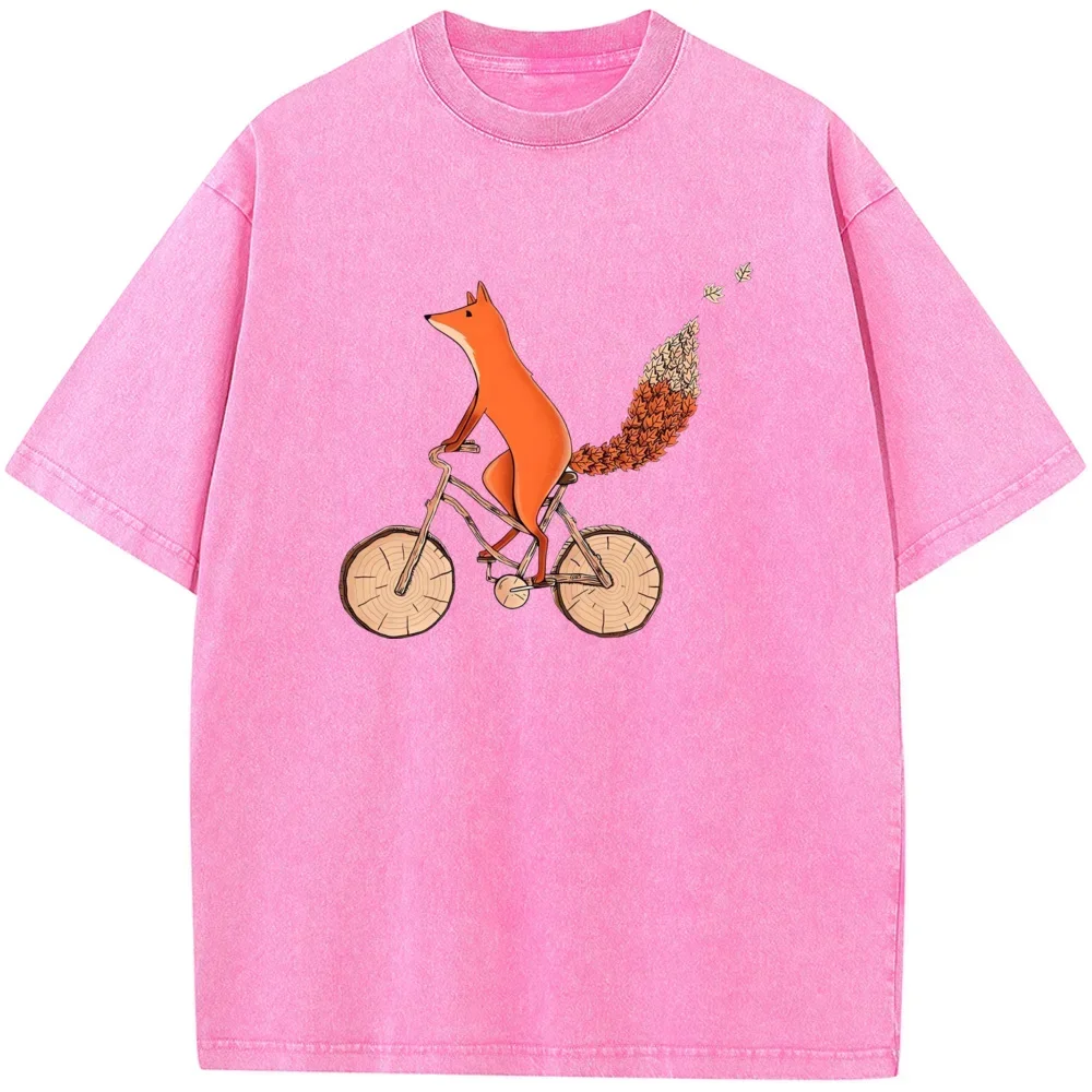 Fox Bicycle Men's Washed T-Shirt Summer Cotton Bleached Tshirt Tops Vintage Loose Casual Tees Fashion Loose Bleach T shirt