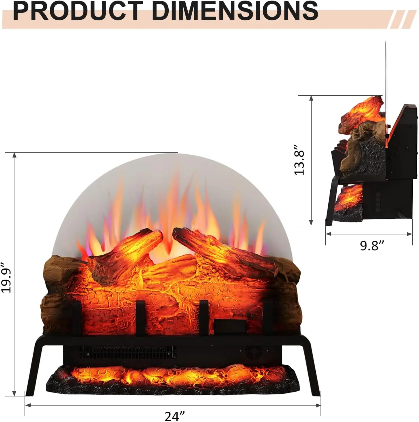 Set di tronchi per camino elettrico da 24", riscaldatore da 750 W/1500 W, 6 colori di fiamma con 5 luminosità, suono crepitante, telecomando