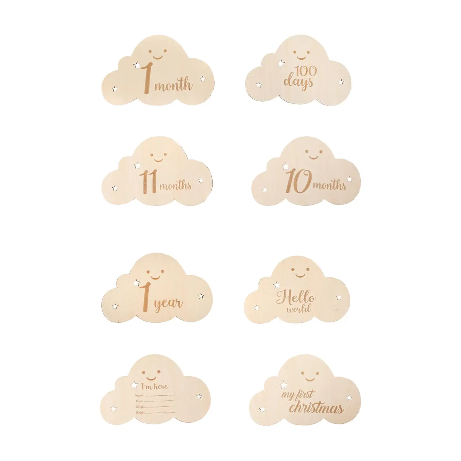 

8x Wooden Baby Milestone Cards Clouds Shape Keepsake Toy Engraved New Mom Gifts Newborn Gifts Birth Journey Milestone Markers