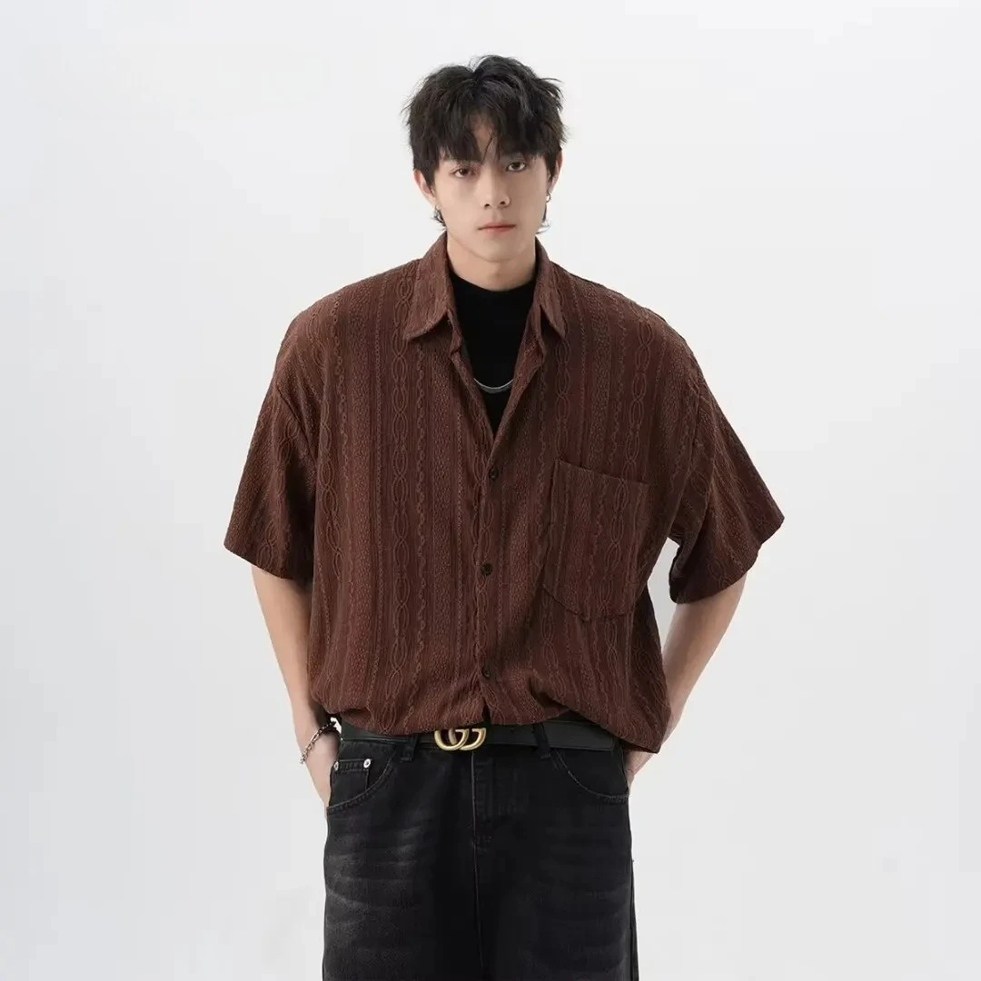 

Retro hollow jacquard short-sleeved shirt men's summer trendy brand ethnic style casual ruffian handsome design sense on clothes