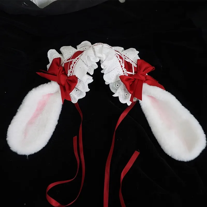 New Original Handmade Harajuku Strawberry Headpiece Lolita Japanese Sweet Bow Rabbit Ears KC Headband Maid Cute Hair Accessory
