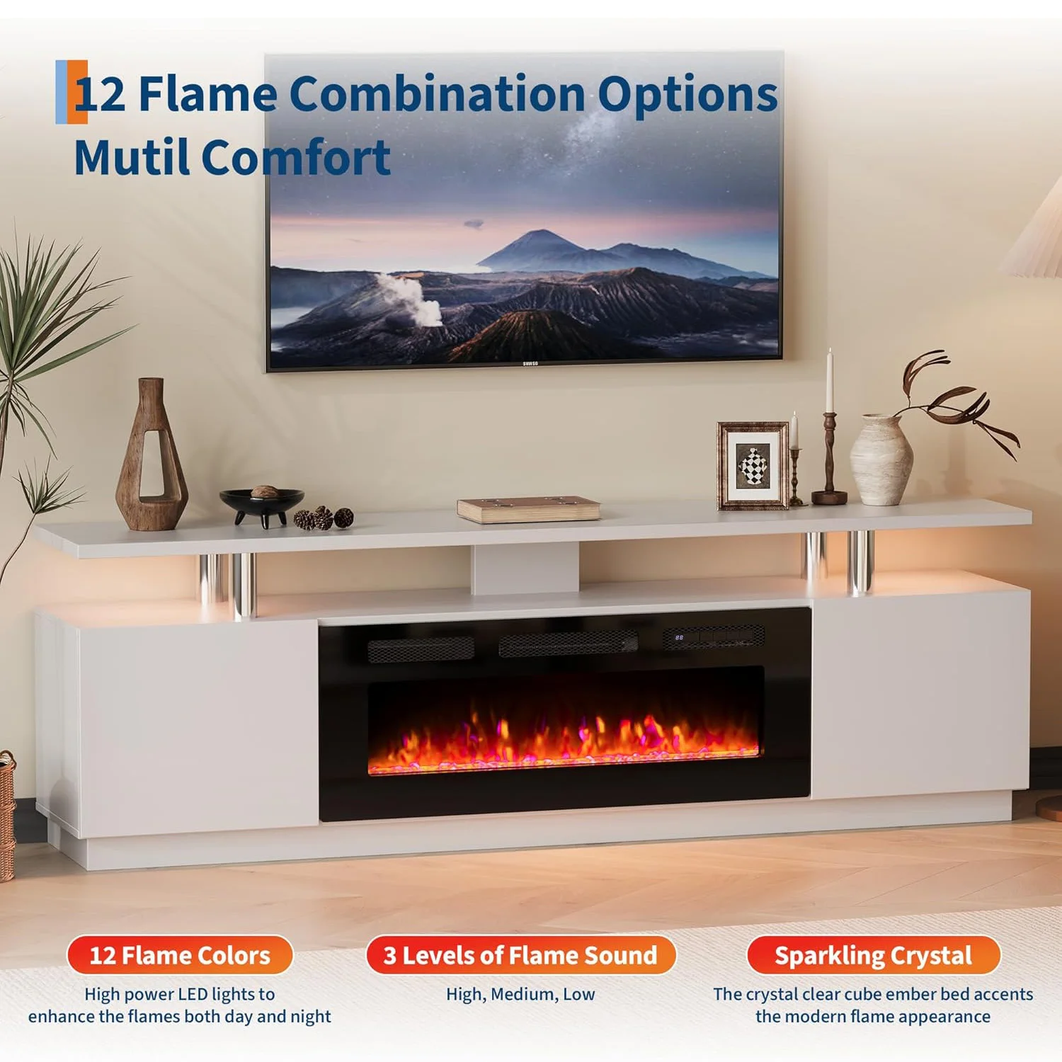 حامل تلفزيون مدفأة مقاس 70 بوصة مع سخان كهربائي وأضواء LED مقاس 36 بوصة - وحدة تحكم وسائط عالية اللمعان وخزائن تخزين تناسب أجهزة التلفاز حتى 80 بوصة