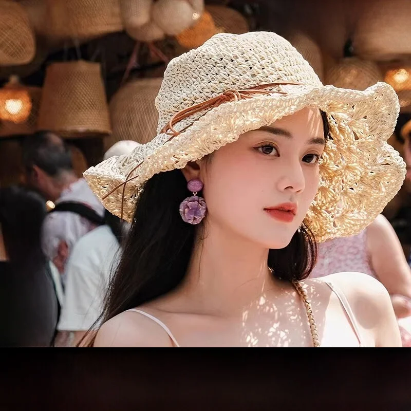 viney-straw-sun-hat-women's-summer-new-style-beach-sandal-tie-on-wide-brim-hat-casual-unisex-sun-protection-hat-non-foldable