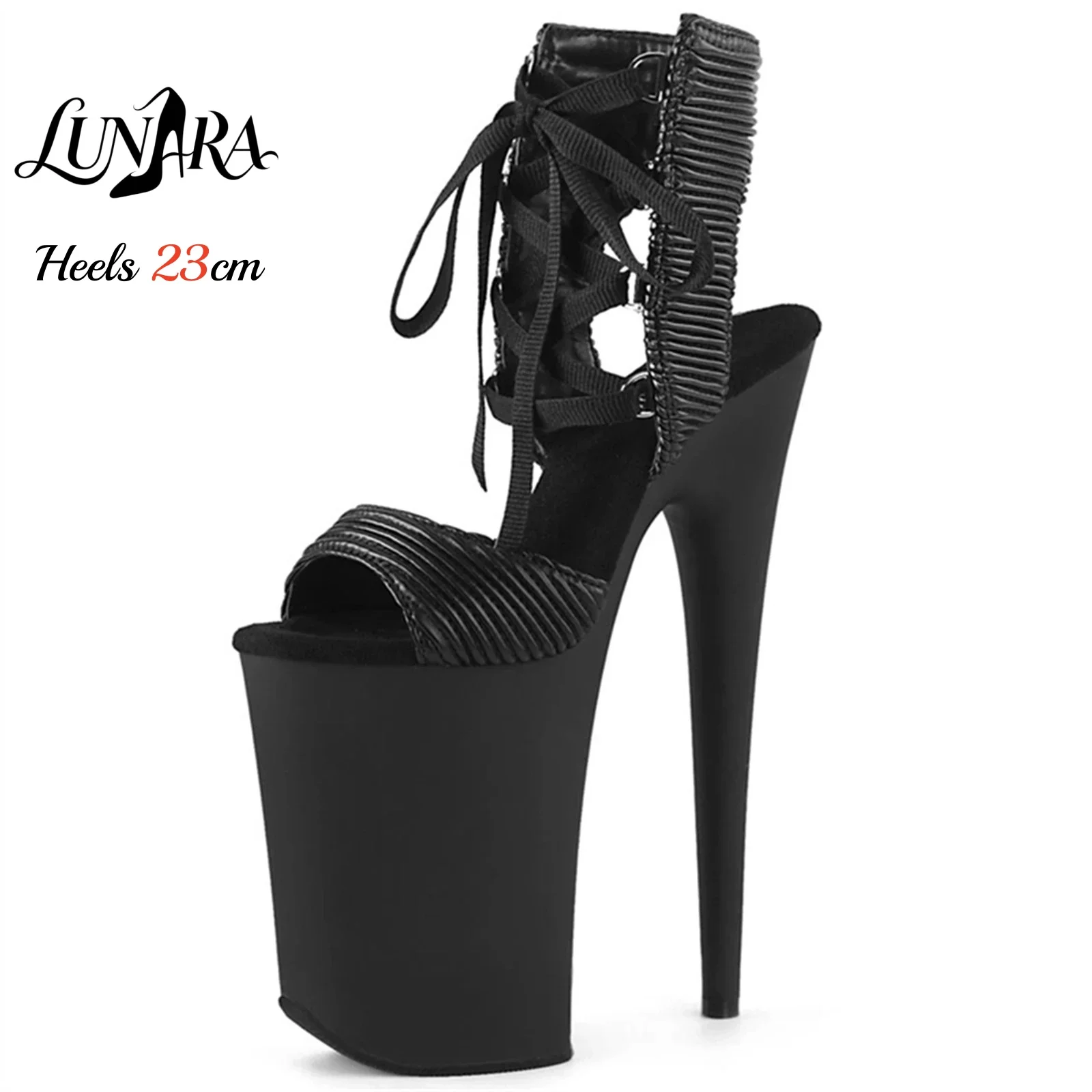 

23cm/9Inch Black Matte Platform Sandals Strap Lace-Up Ankle Open Toe Non-slip Sexy Nightclub Rave Party Ladies Pole Dance Heels