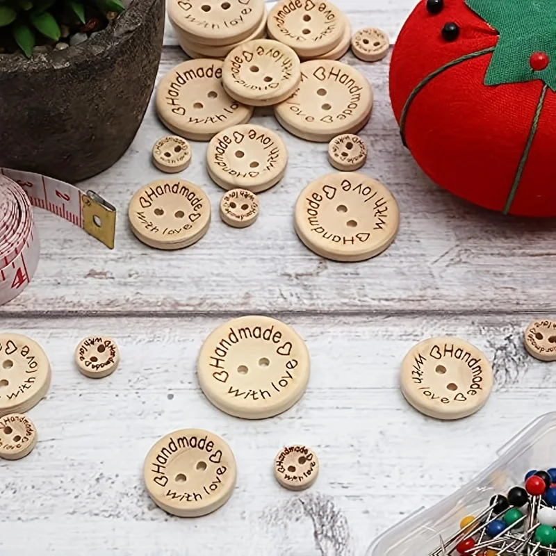 30pcs 15/20/25mm Cute 2 Holes Wooden Craft Buttons Labels For Sewing Clothing Accessories, DIY Crafting Projects Decorations