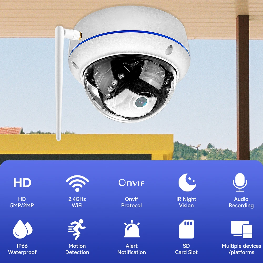 5MP 2MP WiFi HD Camera Wireless Outdoor Camera IP66 Waterproof Vandal-proof Motion Detection Alarm RTSP Xmeye Cloud iCSee APP