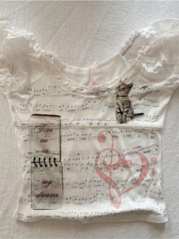 Camiseta Retro americana Y2K para chica, Tops cortos ajustados y bonitos con mangas de burbuja, camisetas informales de moda Harajuku para verano, novedad