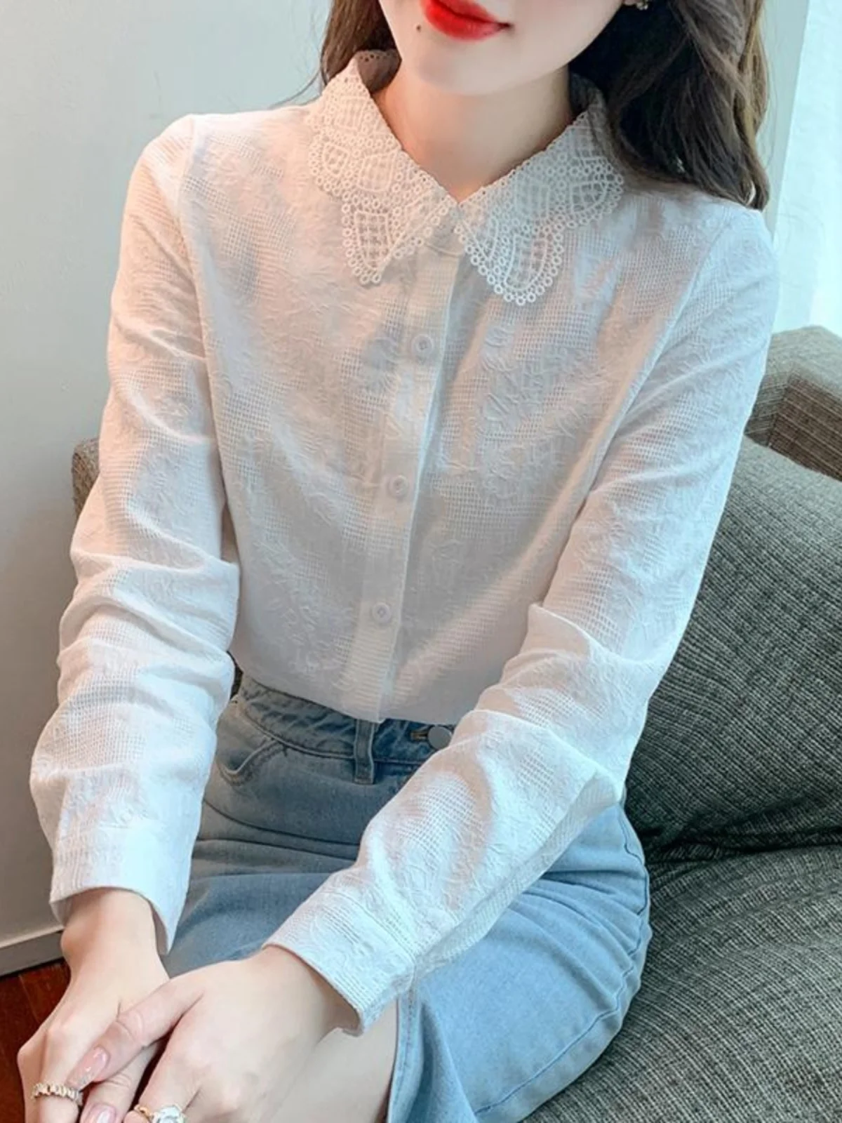 

Женская блузка из чистого хлопка с длинным рукавом, цветочной вышивкой и воротником-стойкой, роскошная, универсальная, в корейском стиле, для повседневной носки