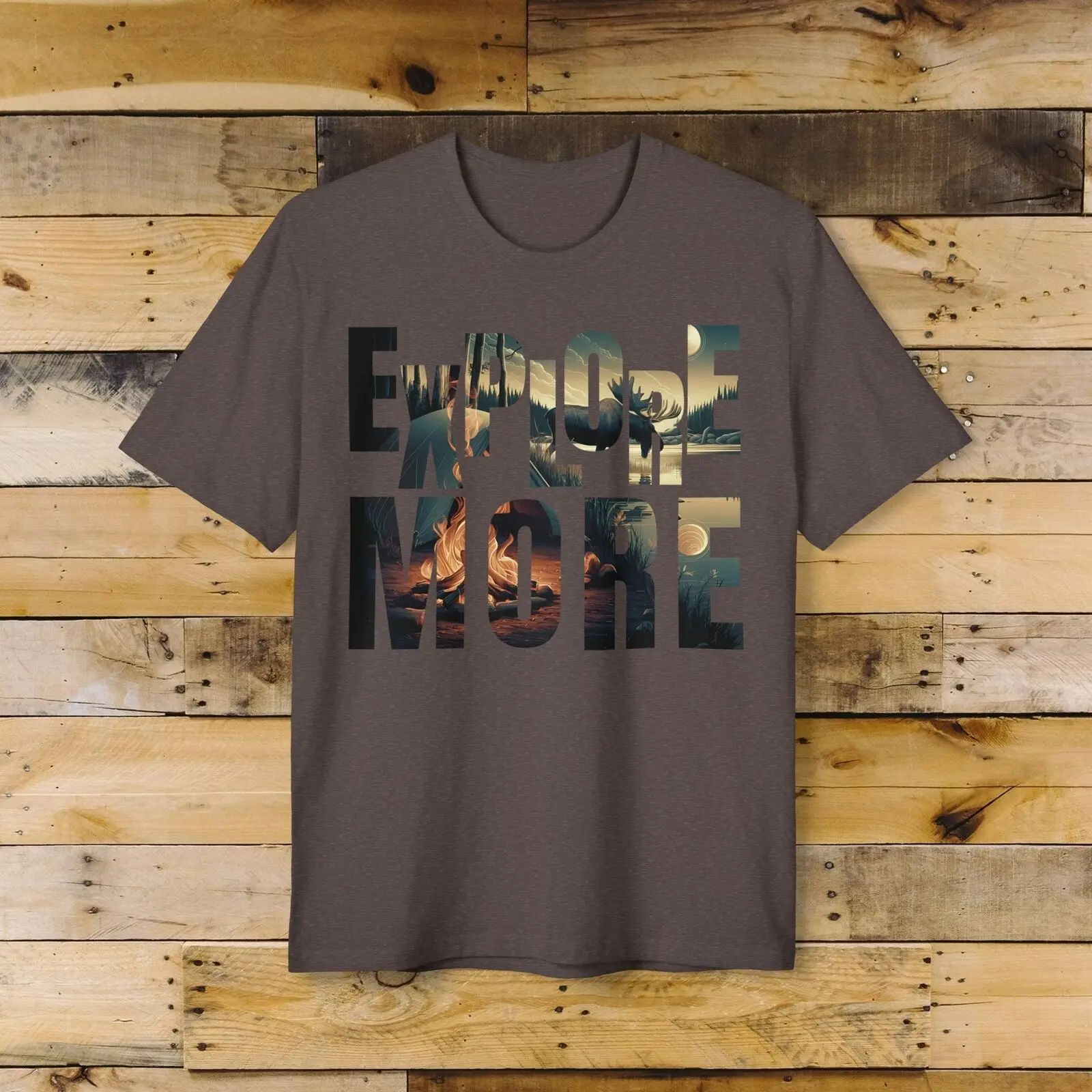 Sustainable Explore More Moose Lake Camp T-Shirt 100% Recycled Tee Hike Sunset