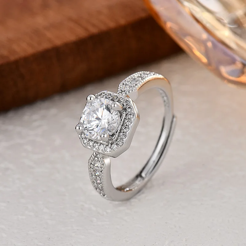 S925 Silver Tone Adjustable Geometric Square Ring Featuring Moissanite Accent Stones Ideal for Modern Women Seeking Elegant Mini