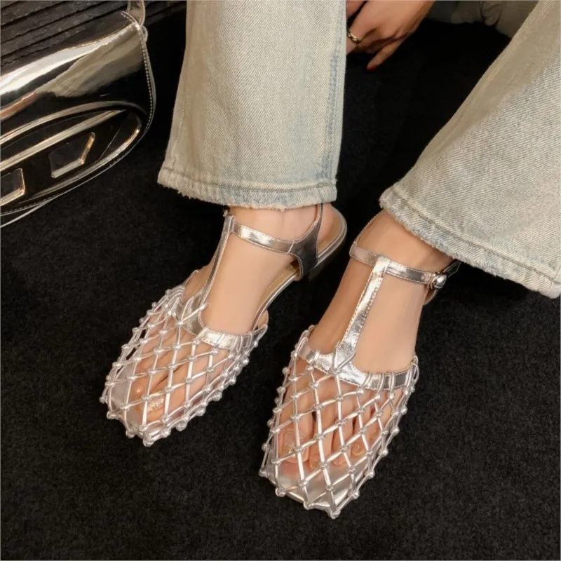 Cowhide Baotou Hollow T-strap Flat Sandals Mary Jane Shoes 2024 New High Quality Female Gold Silver Temperament Sandalias