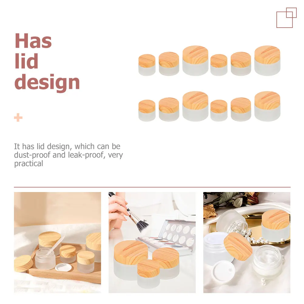 

12pcs Glass Lotion Jars Wood Grain Lid Cream Containers Leak Proof Travel Sample Jars For Essential Oils Portable