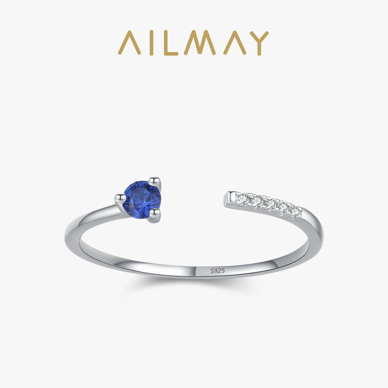 Ailmay Simple 925 Sterling Silver Blue White Zircon Open Ring For Women's Daily Wear, Parties, And Gift Giving
