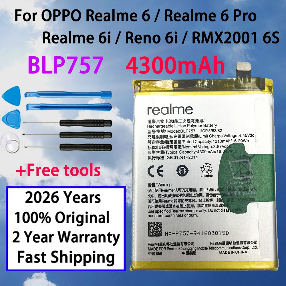 بطارية أصلية بقدرة 4300 مللي أمبير في الساعة لعام 2026 عامًا لهاتف OPPO Realme 6 6Pro 6 Pro Reno 6i RMX2001 6S RMX2061 Pro BLP757 بطاريات الهاتف