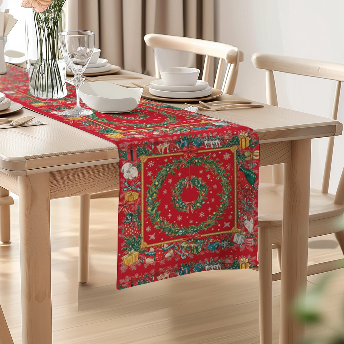Christmas Tree Dog Watercolor Table Runners Dresser Decor for Kitchen Holiday Party Table Runner Washable Dining Long Cloth