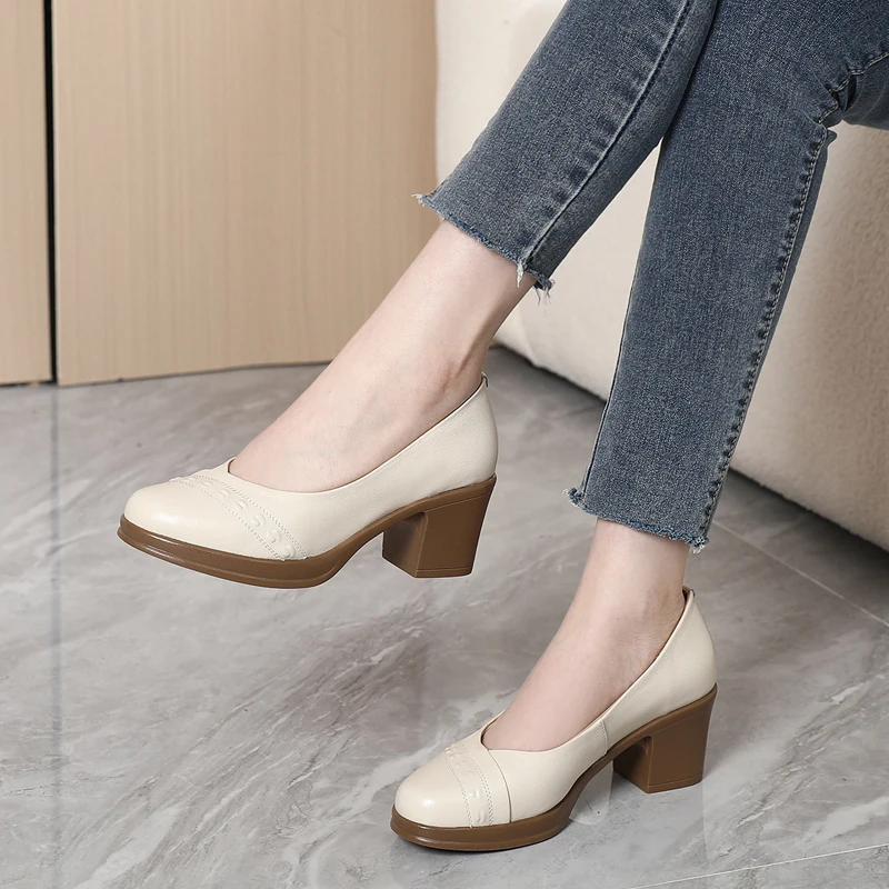 

GKTINOO 2024 New Fashion Women Pumps Round Toe Thick Heels Genuine Leather Shoes Woman Spring Summer Office Ladies Shoes Comfort