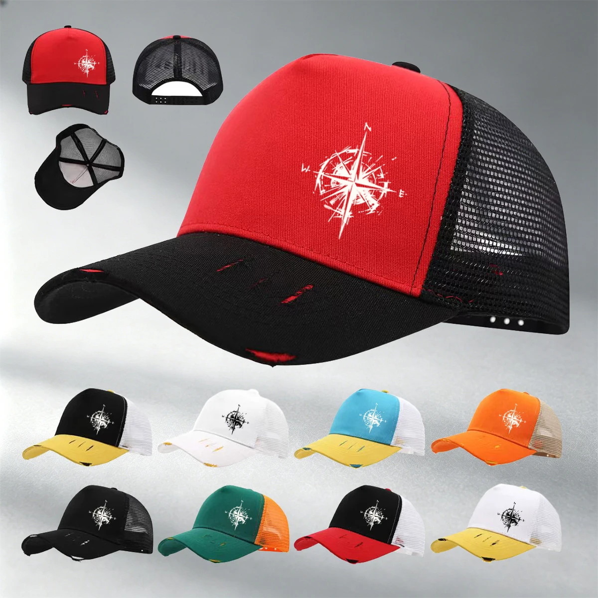 1PC Streetwear Style Compass Print Trucker Hat, Yellow White Color Block, Adjustable Mesh Snapback with Nautical Graphic