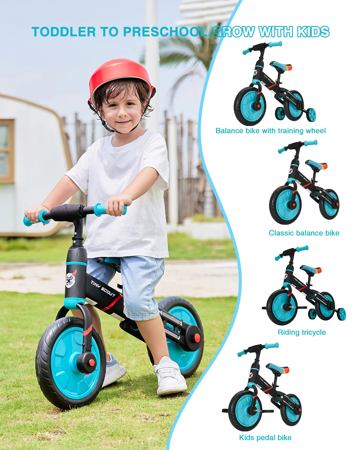 UBRAVOO Tiny Scout Balance Bike 3 4 5 anni, 4-in-1 con ruote e pedali di supporto opzionali, sella regolabile in altezza, JL102