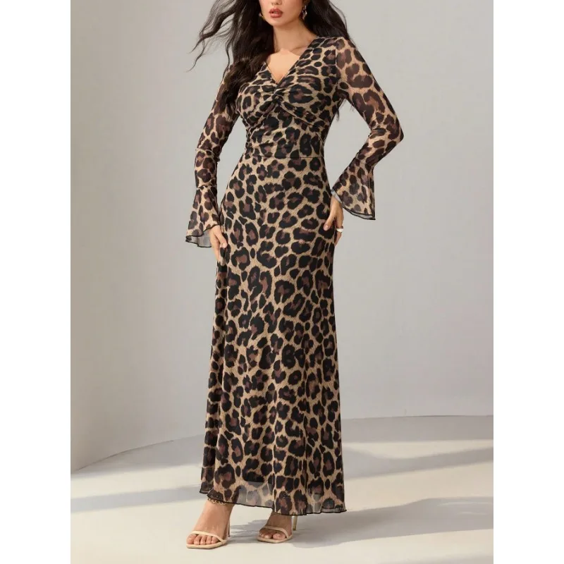 Nieuwe elegante slanke lange jurk met V-hals en luipaardprint voor dames