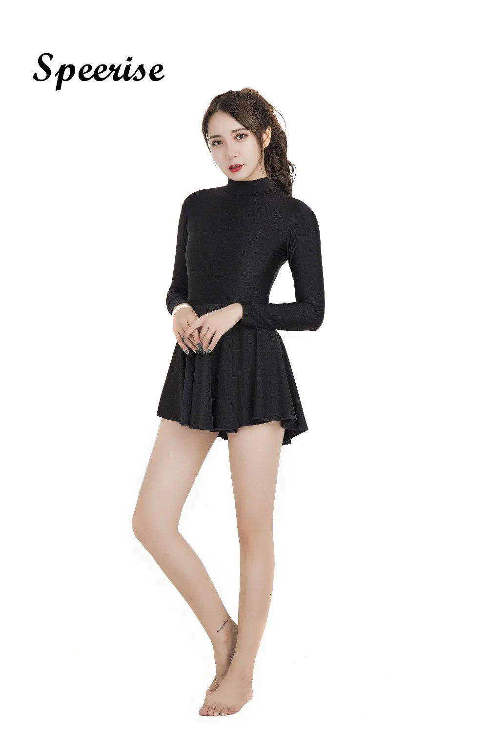 Speerise Women Turtleneck Long Sleeve Skirt with Leotard Adult Ballet Dance Gymnastic Dress Scoop Neck Gymnastics Costume 발레