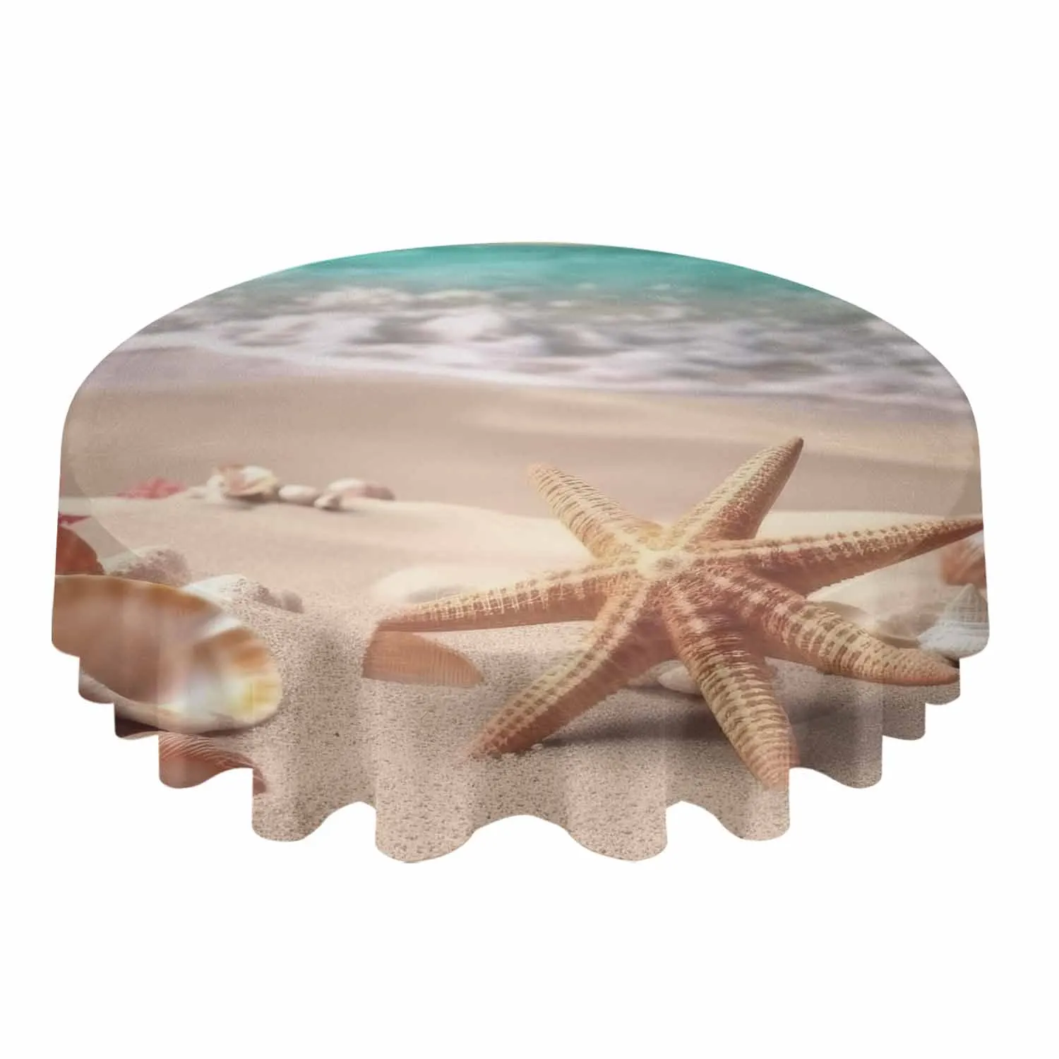 Summer Beach Starfish Shells Waves Round Table Cloth Festival Dining Tablecloth Waterproof Table Cover for Wedding Party Decor