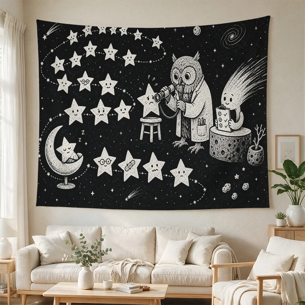 Nursery Moon Stars Owl Constellation Boho Nursery Wall Hanging Tapestry Black Background Kids Room Decor