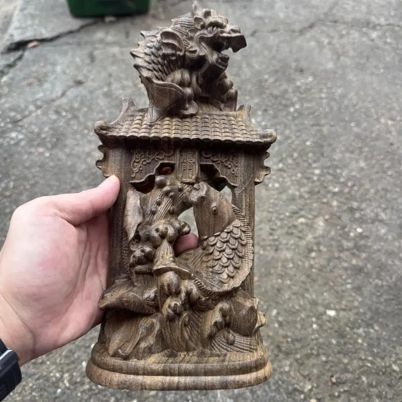 Agarwood Carved Lucky Koi Fish & Qilin Wood Statue - Carp Leaping Over Dragon Gate - Feng Shui Home Desktop Collectible Decor