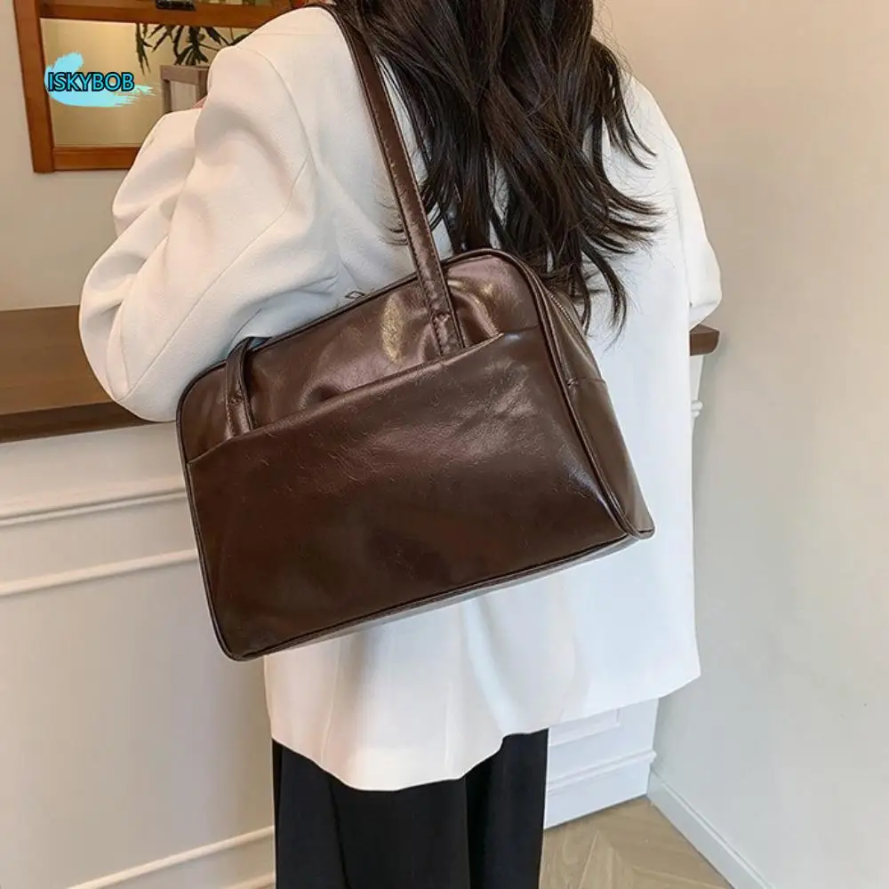 

Vintage Korean Style Boston Shoulder Bag Large Capacity Solid Color Pu Leather Tote Bag Underarm Bag Square Women's Handbag Lady