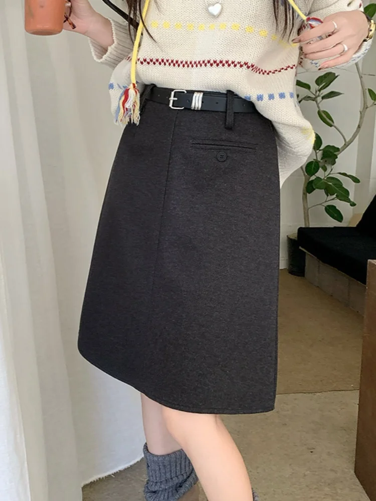 SMTHMA تنورة صوفية عصرية جديدة للخريف والشتاء عالية الخصر للتخسيس مع حزام