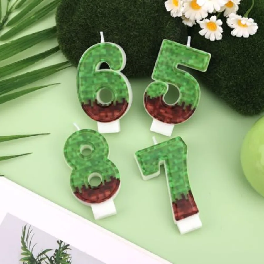 Pixel Birthday Number Candle Green Brown Paraffin Cake Toppers Decorations for Miner Game Party Number 7