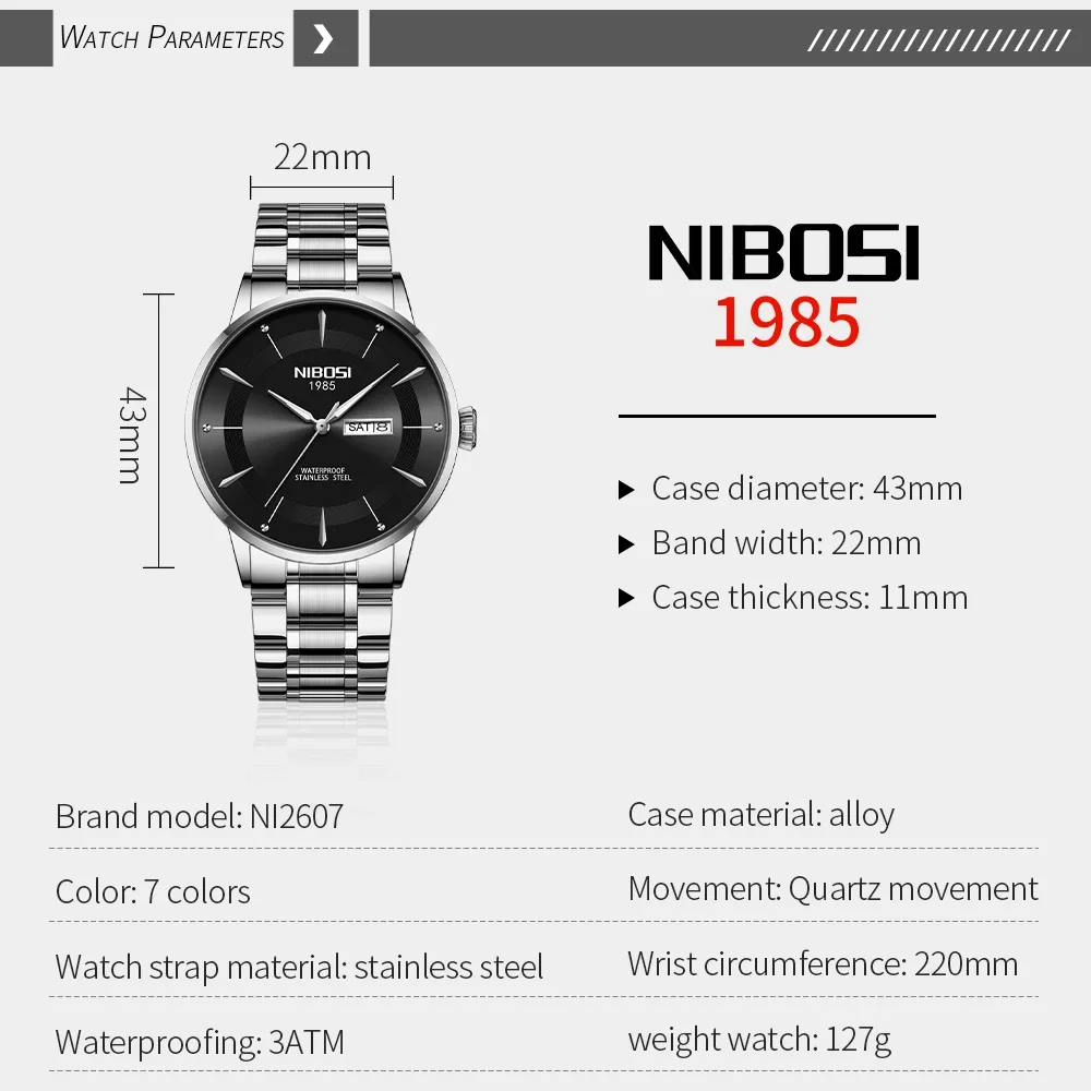 NIBOSI 2607, лучший бренд, роскошные часы для мужчин, ремешок для часов из нержавеющей стали, водонепроницаемые кварцевые мужские часы с датой и неделей, relogios masculino