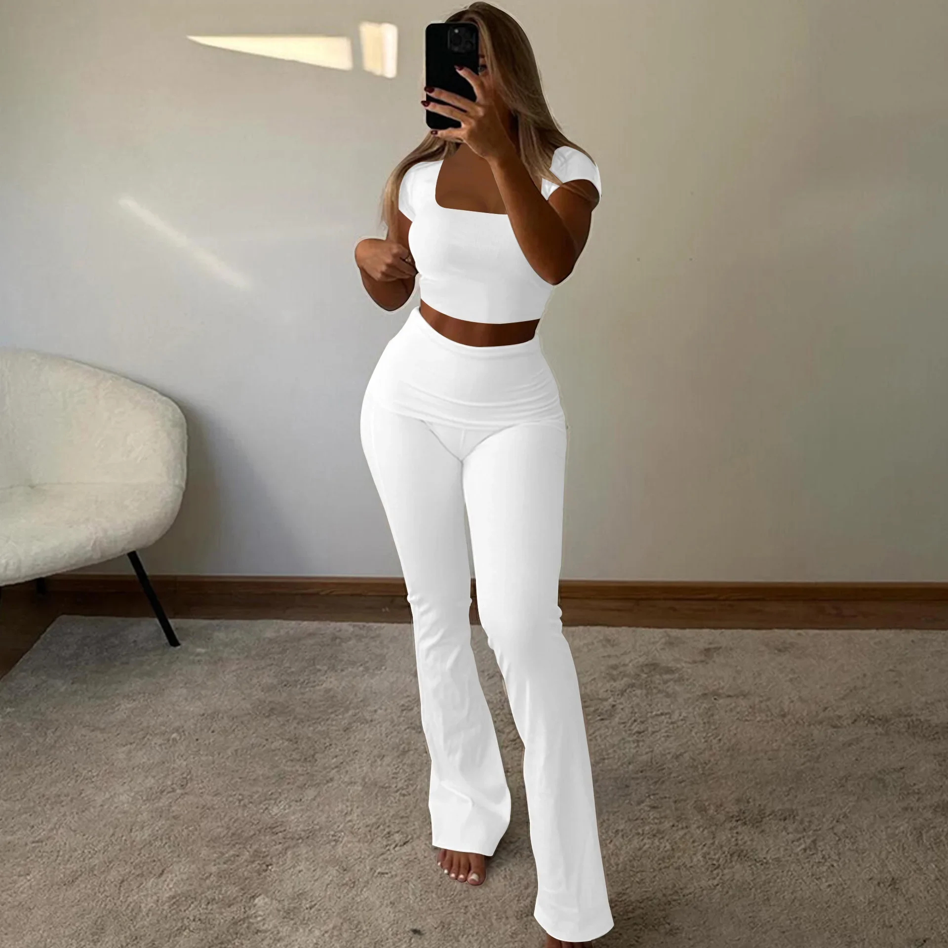 Custom LOGO  women's clothing spring summer new pit strip U-neck short-sleeved flanged pants fashionable and sexy two-piece set