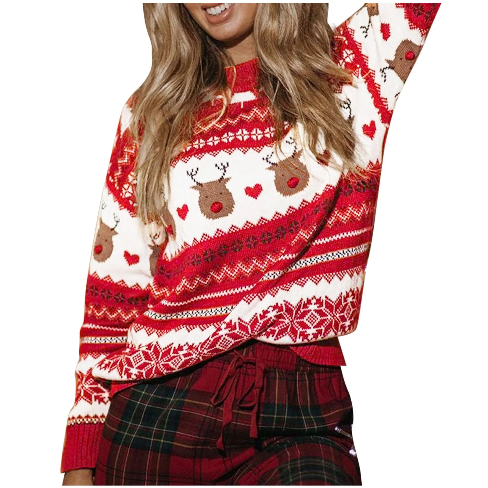 Christmas Elk Jacquard Sweaters Women Crew Neck Long Sleeve Knitted Pullovers Winter Female Christmas Jumper Tops