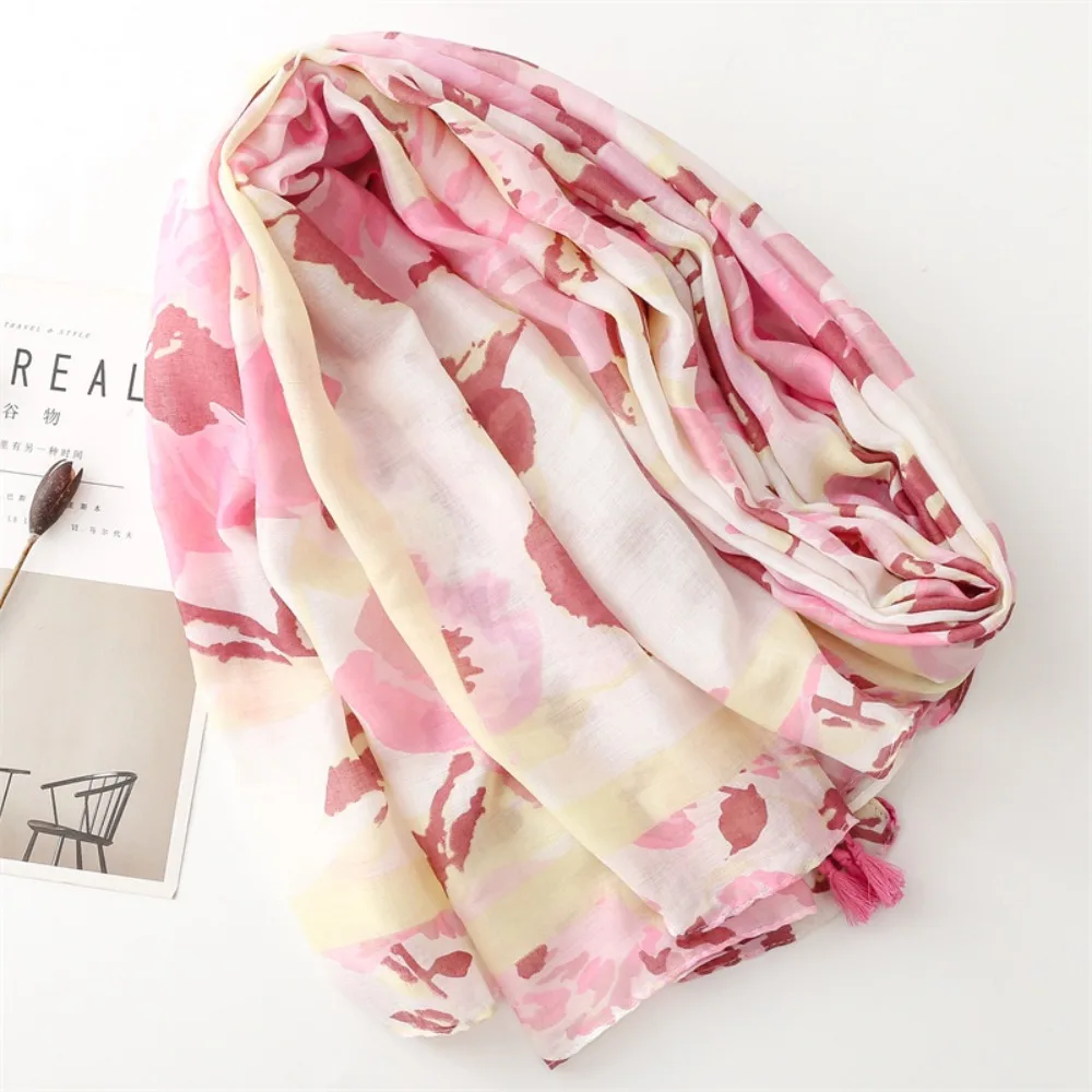 

Autumn Korean Tassel Viscose Shawl Scarf Elegant Wash Painting Style Chiffon Shawl Wrap Printing Luxury Soft Thin Scarf Beach
