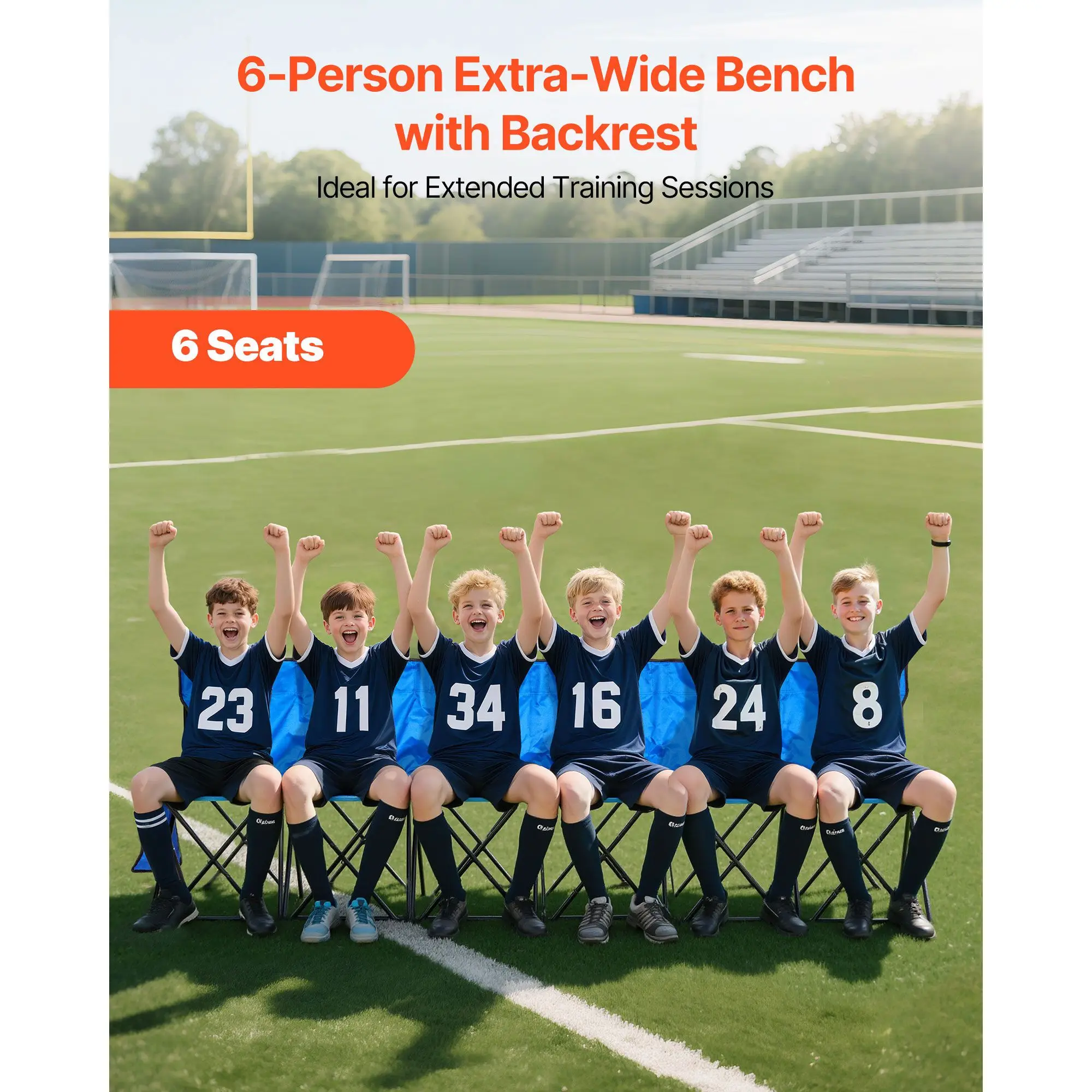 Portable Folding Bench, 6 Seat Foldable Soccer Bench with Side Pockets and Carrying Bag, Lightweight Sideline Seating with Back