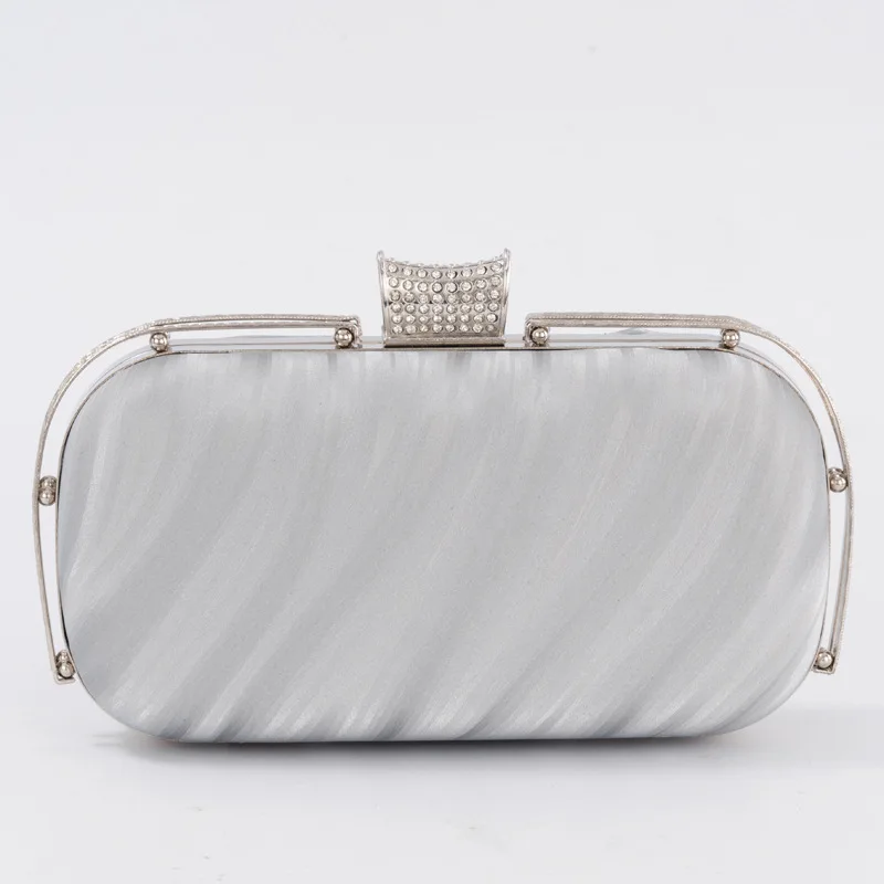 

Chic Silver Evening Bag Ladies Elegant Textured PU Metal Frame Banquet Clutch Wedding Party Formal Lines Handbag Knucklebox Bag