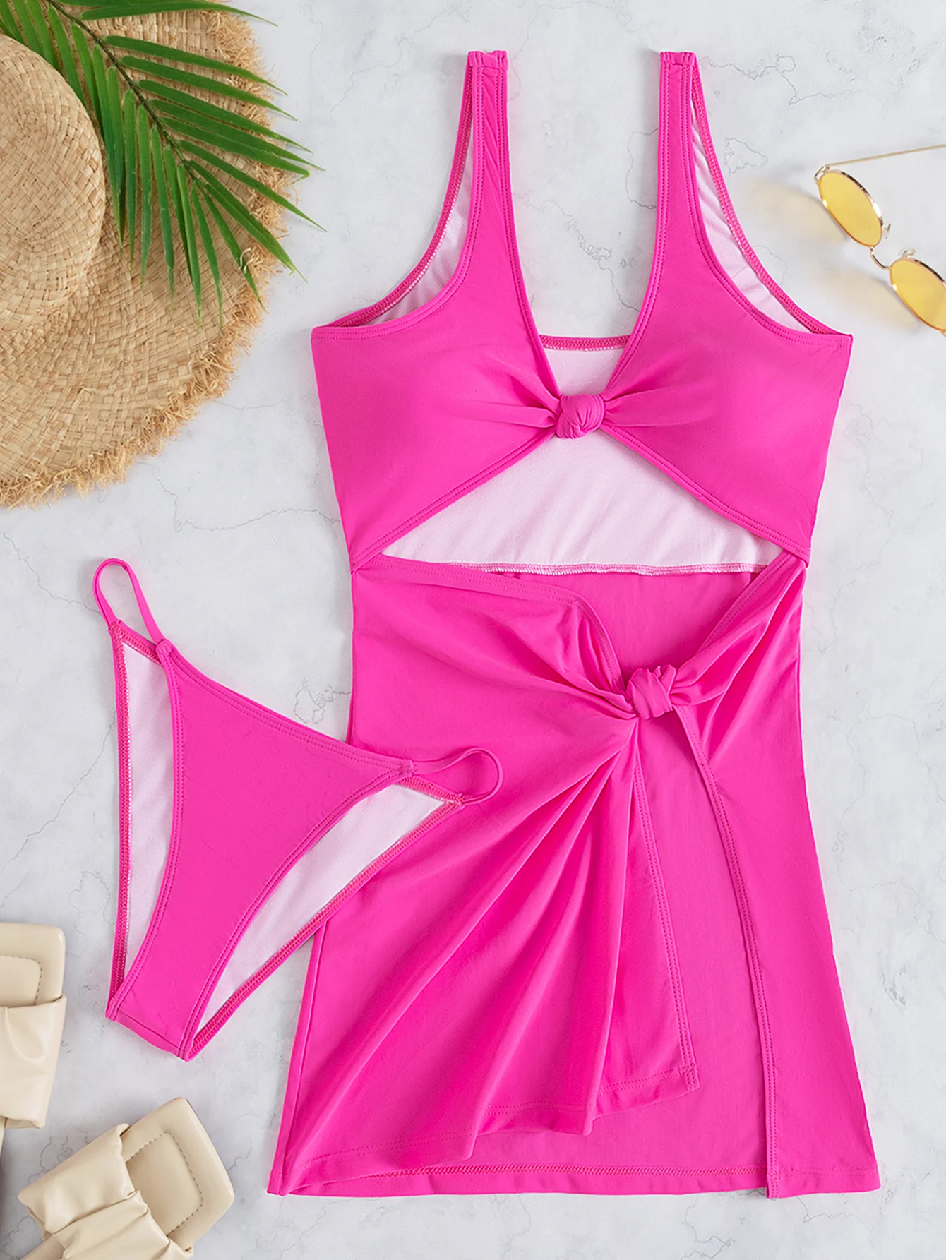 Pink Bikini Dress 2024 Women Solid Swimwear Female Sexy Swimsuit Two Piece Summer Swim Beachwear Bathers Bathing Swimming Suit