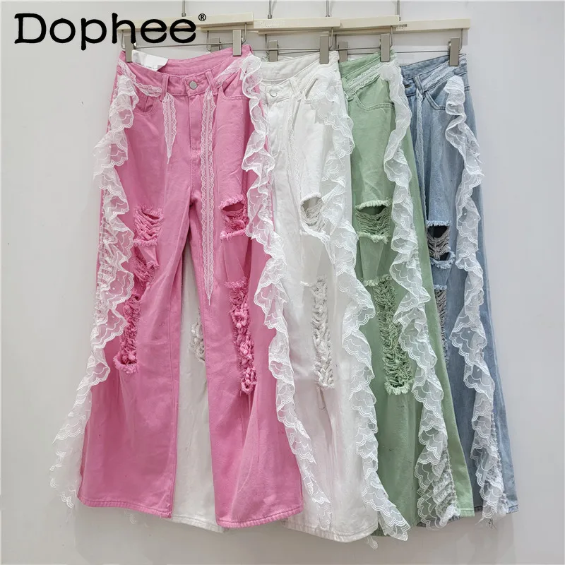 

White ripped straight pants women's 2025 spring and summer new design lace splicing ripped denim wide-leg pants streetwear women