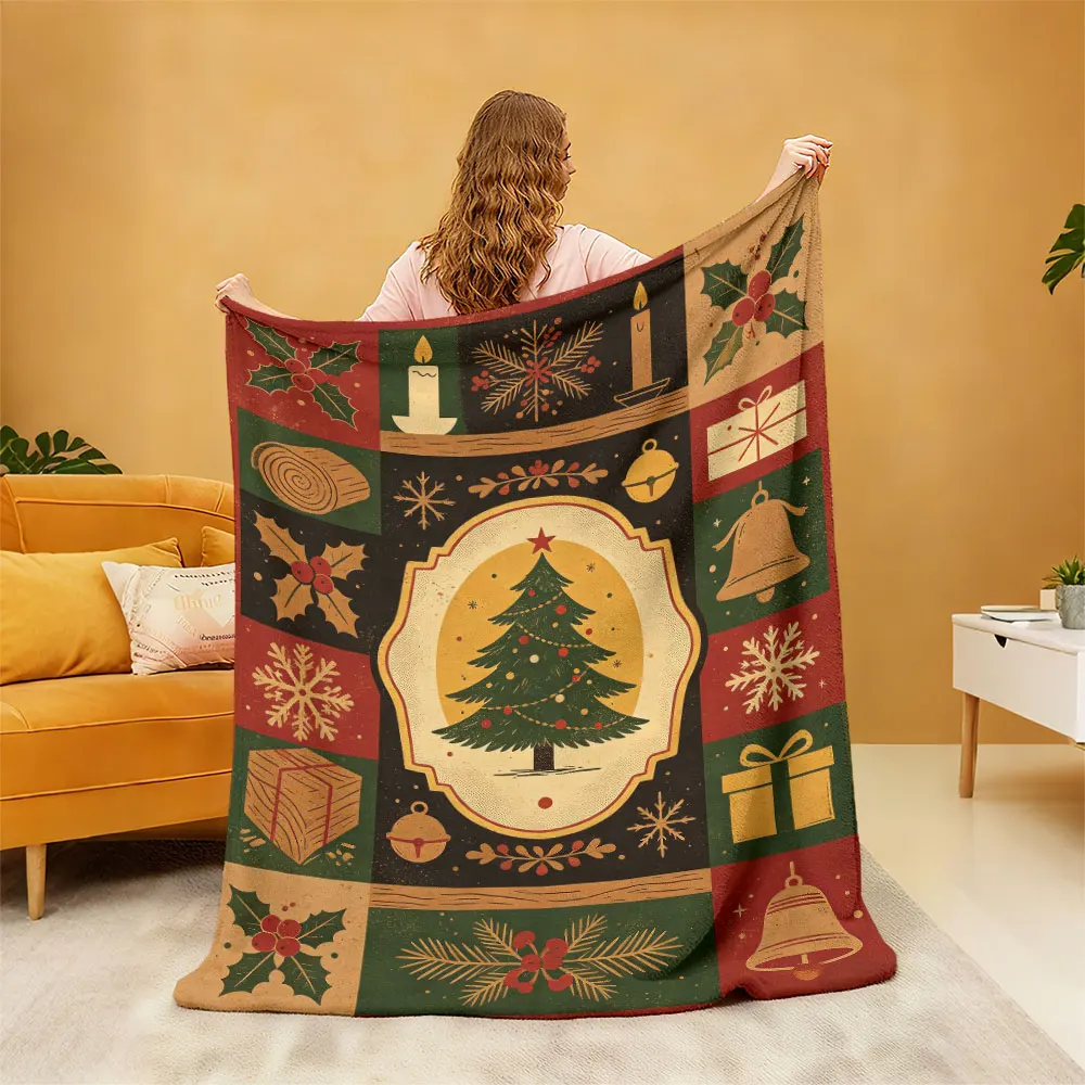 Retro Christmas Theme Patchwork Flannel Blanket Multi Sizes Cozy Sofa Throw Soft Nap Blanket For Office Break Xmas Lounge Dai