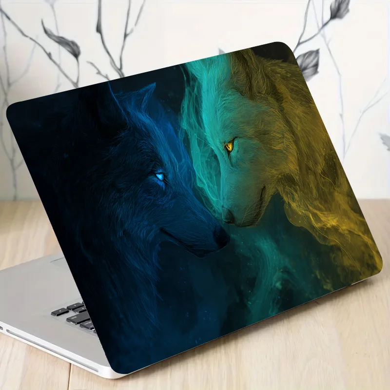 

2 Piece Wolf Glowing Eye Laptop Case - High Gloss PVC Scratch Resistant Panel with Blue and Gold Wolf Pack Art Design, Easy