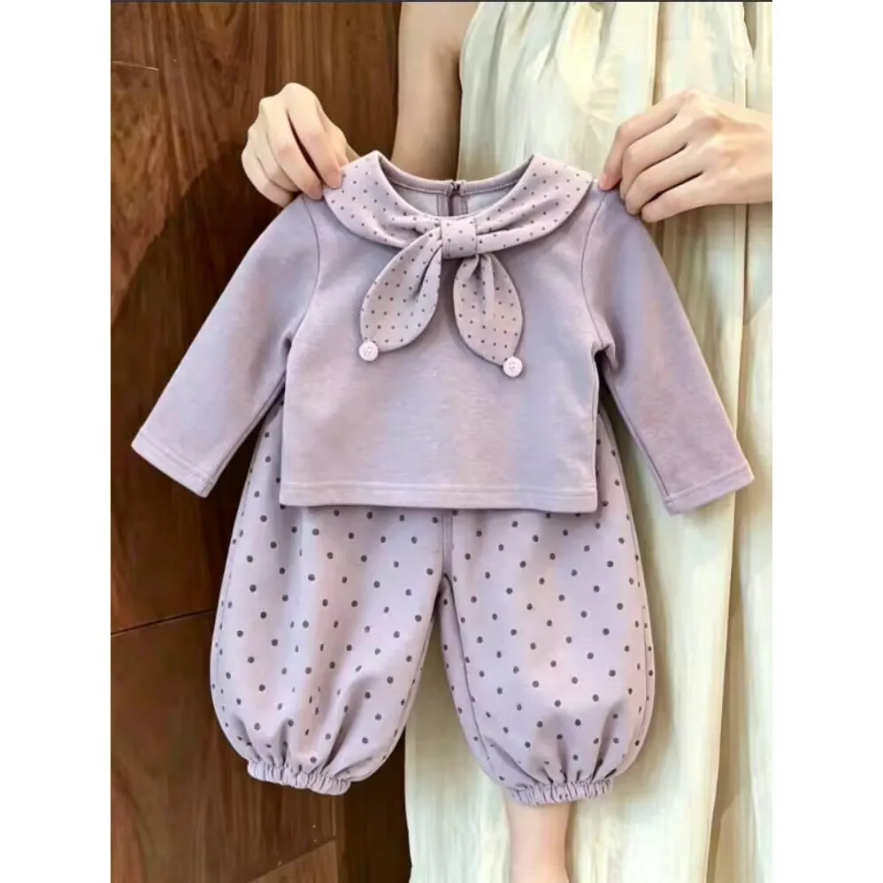 2026 New Fall Girls Korean Sweet 2Pcs Set | Bow Collar Long Sleeve Top + Pants | Chic Toddler Outfit