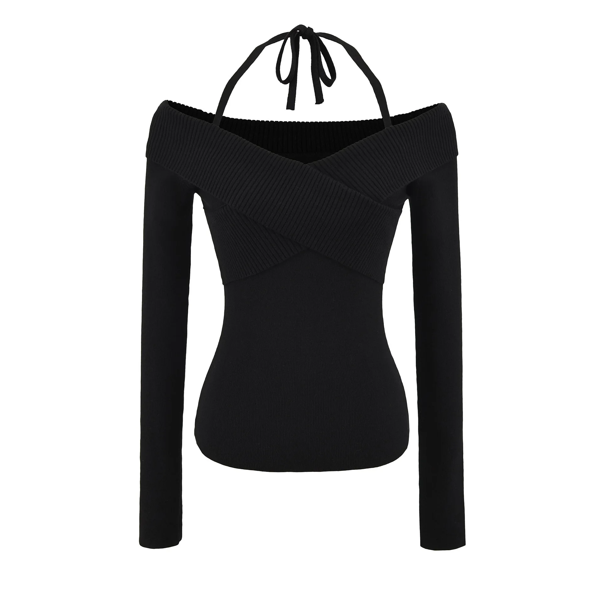 Charm Style Spicy Girl Cross Halter Off-Shoulder Knitted Base Shirt For Women Autumn And Winter Cross Off-Shoulder Slimming JFLD