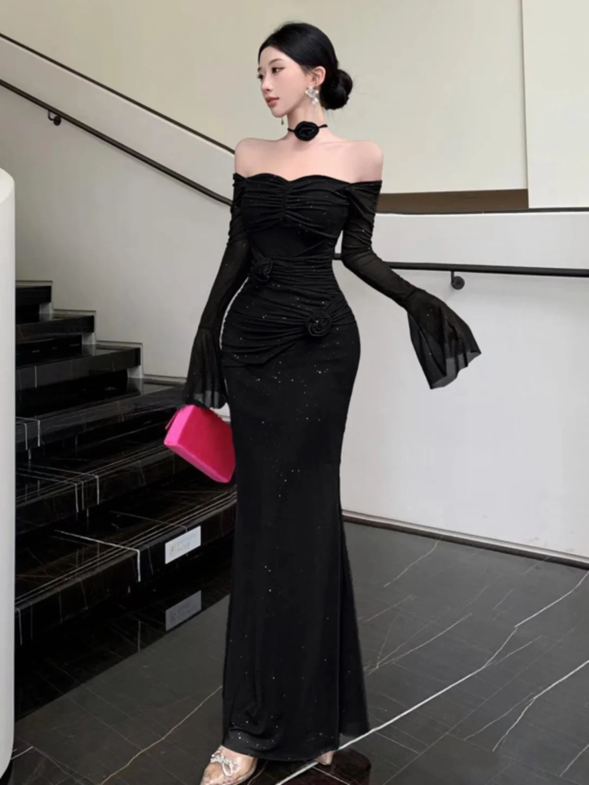 Rok Fishtail Berlapis Bunga 3D Jaring Kelas Atas Antik Perancis Rok Panjang Pesta Ramping Bahu Terbuka Seksi Musim Semi Musim Panas Wanita