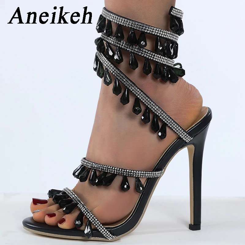 

Aneikeh New Luxury Fashion Glitter Rhinestones Ankle Women's Stiletto Sandals Female Square Toe Wedding Party Prom Shoes Pumps