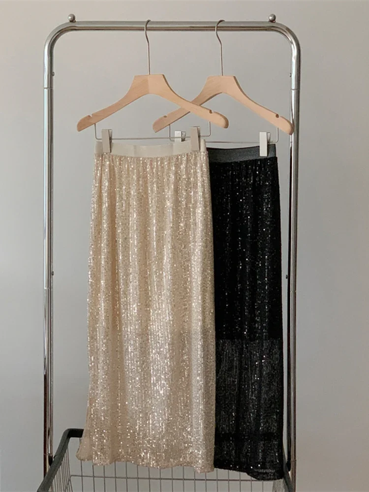 CJFHJE جديد أزياء المرأة الصناعة الثقيلة الترتر تألق تنورة الكورية تنوعا سبليت مستقيم النساء التنانير الربيع الصيف